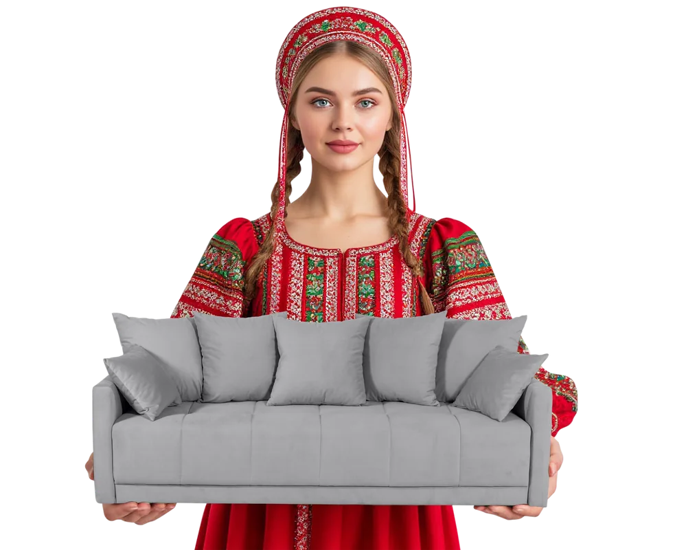 Девушка в русском национальном костюме с диваном